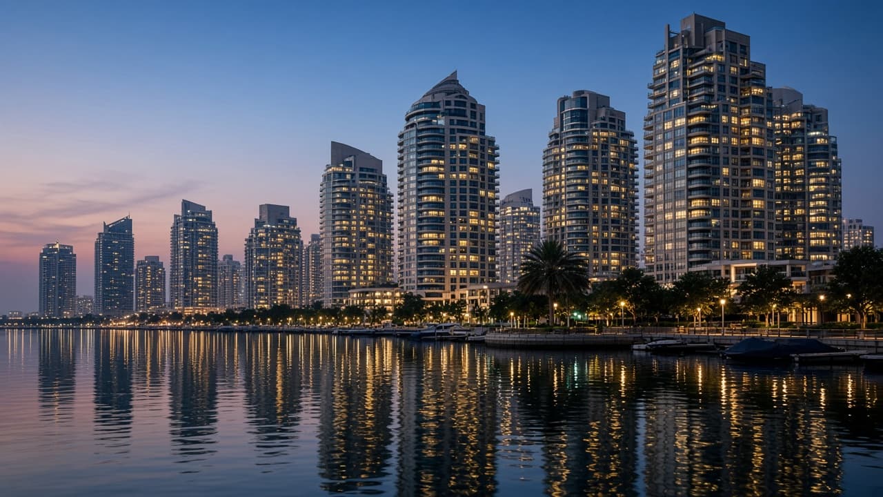 Waterfront residential towers at twilight
